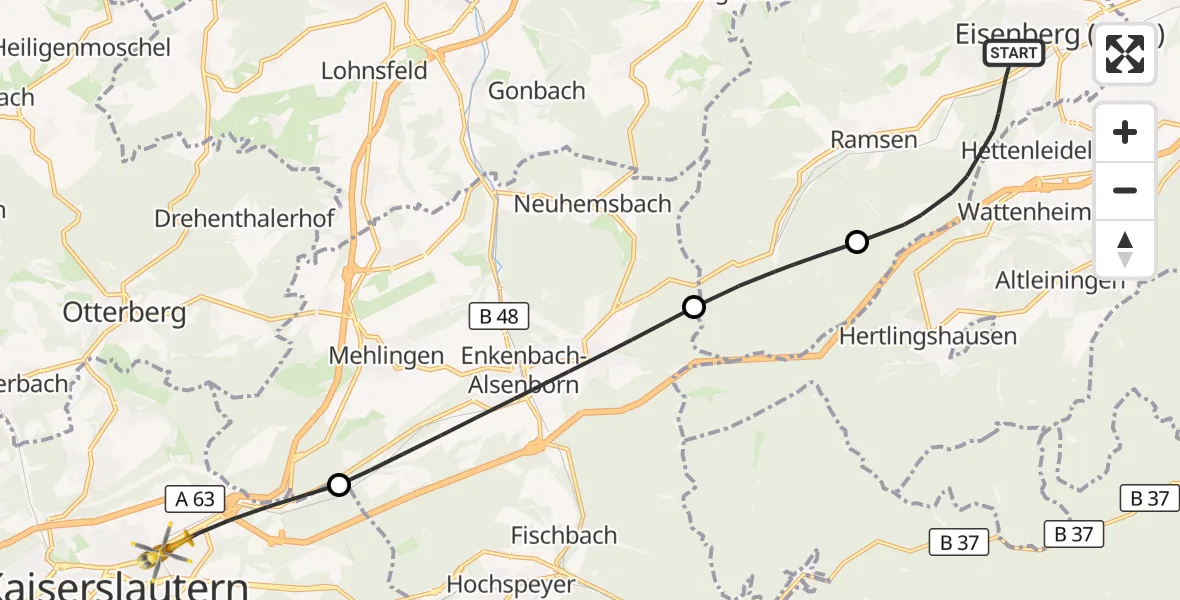 Flugroute Rettungshubschrauber Eisenberg (Pfalz) - Kaiserslautern, 01 Oktober 2026, 15:02
