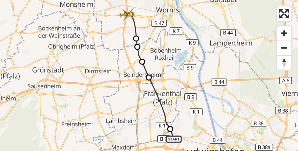 Flugroute Rettungshubschrauber Ludwigshafen am Rhein - Worms, 01 Oktober 2026, 15:04