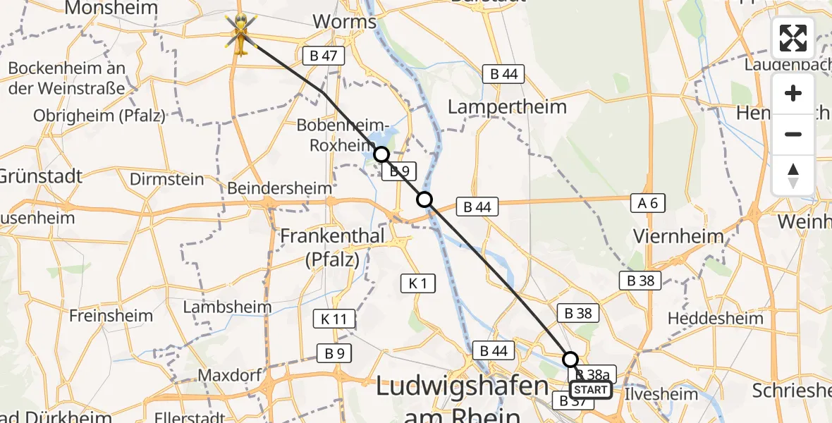 Flugroute Rettungshubschrauber Mannheim-City Flughafen - Worms, 01 Oktober 2026, 15:04