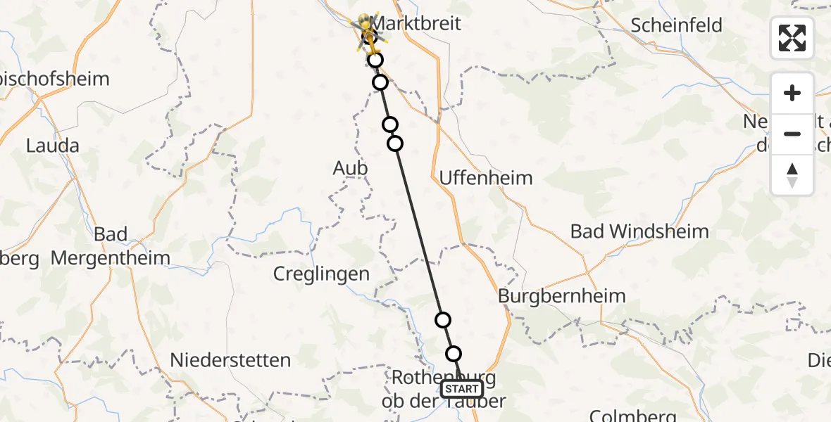 Flugroute Rettungshubschrauber Rothenburg ob der Tauber - Ochsenfurt Hospital Hubschrauberlandeplatz, 01 Oktober 2026, 15:07