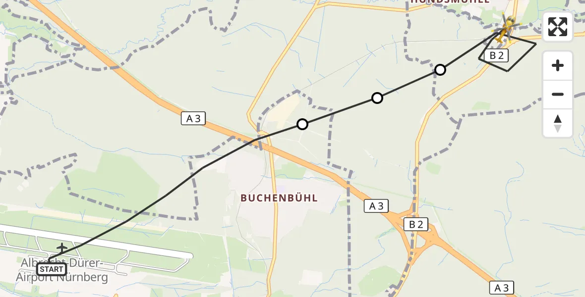 Flugroute Ambulanzhubschrauber Flughafen Nuremberg - Geschaidt, 01 Oktober 2026, 15:17