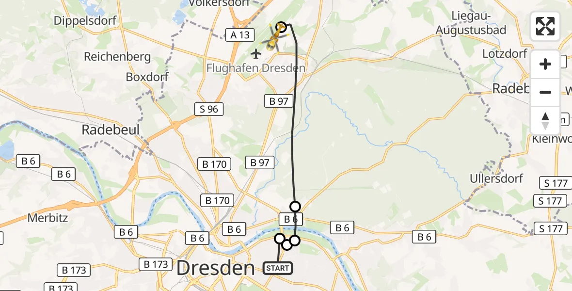 Flugroute Rettungshubschrauber Dresden - Dresden Bundespolizei Hubschrauberlandeplatz, 01 Oktober 2026, 15:28