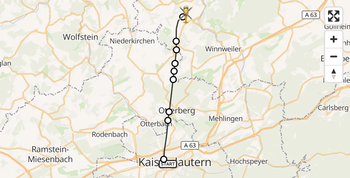 Flugroute Rettungshubschrauber Westpfalz Hospital Kaiserslautern - Rockenhausen, 01 Oktober 2026, 15:34