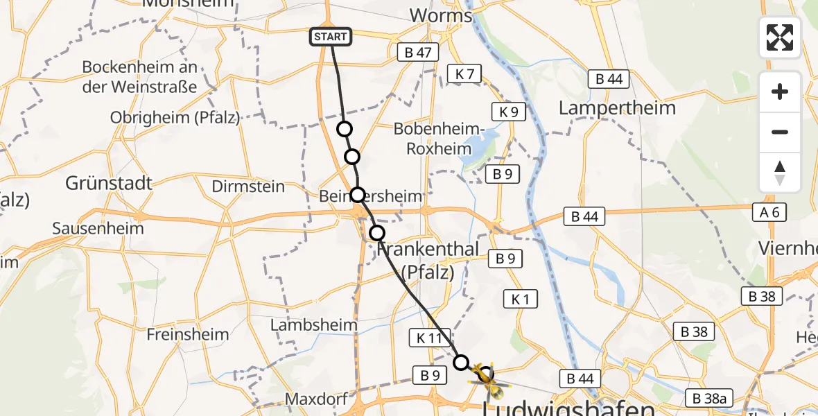 Flugroute Rettungshubschrauber Worms - Ludwigshafen Accident Hospital, 01 Oktober 2026, 15:37