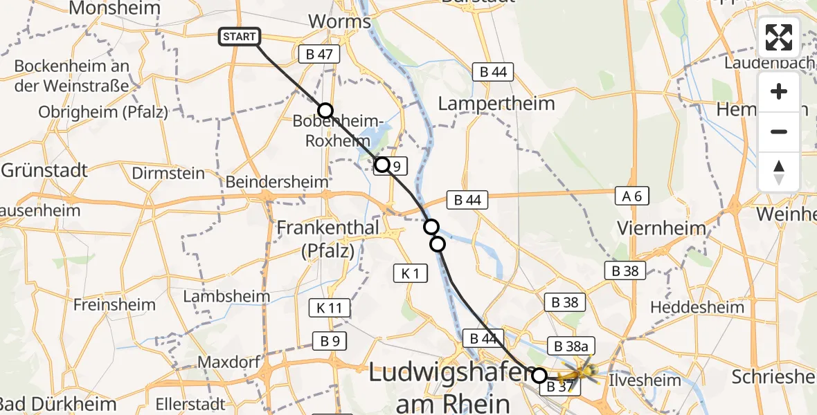 Flugroute Rettungshubschrauber Worms - Mannheim-City Flughafen, 01 Oktober 2026, 15:46