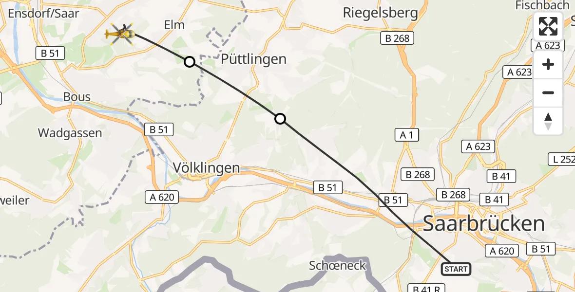 Flugroute Rettungshubschrauber Saarbrücken - Schwalbach, 01 Oktober 2026, 16:01