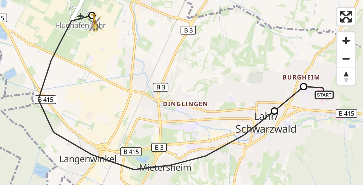 Flugroute Rettungshubschrauber Ortenau Hospital Lahr-Ettenheim - Lahr Flughafen, 01 Oktober 2026, 16:03
