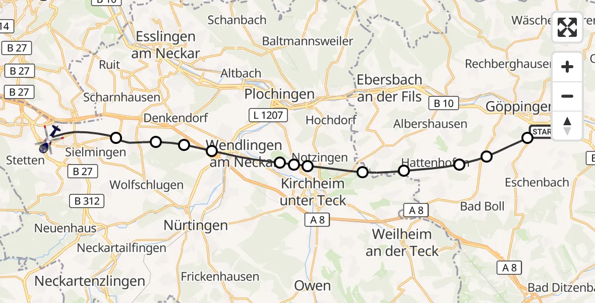 Flugroute Polizeihubschrauber Göppingen - Flughafen Stuttgart, 01 Oktober 2026, 16:07