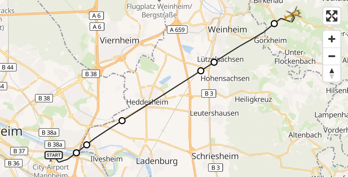Flugroute Rettungshubschrauber Mannheim-City Flughafen - Birkenau, 01 Oktober 2026, 16:08