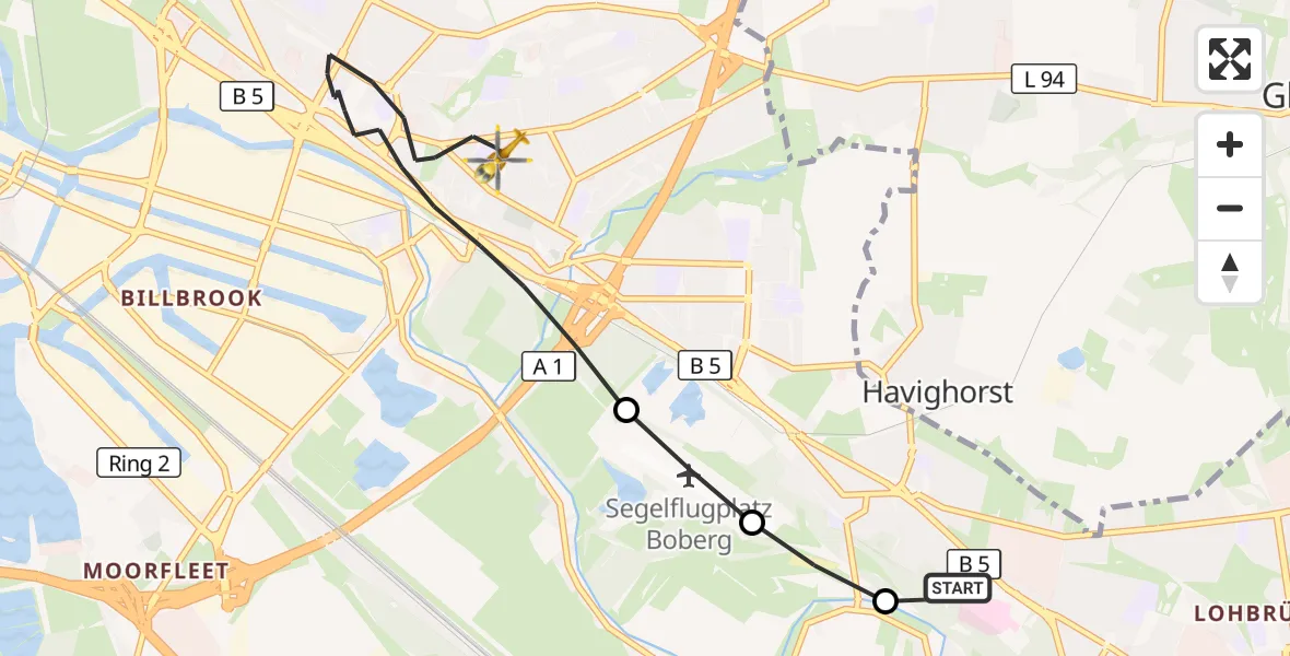 Flugroute Rettungshubschrauber Christoph Hansa ADAC Hubschrauberlandeplatz - Hamburg, 01 Oktober 2026, 16:11