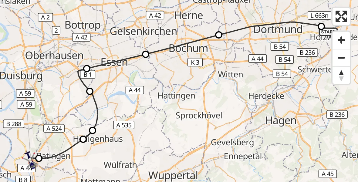 Flugroute Polizeihubschrauber Dortmund Flughafen - Düsseldorf Flughafen, 01 Oktober 2026, 16:17