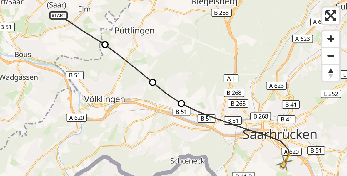 Flugroute Rettungshubschrauber Schwalbach - Saarbrücken, 01 Oktober 2026, 16:30