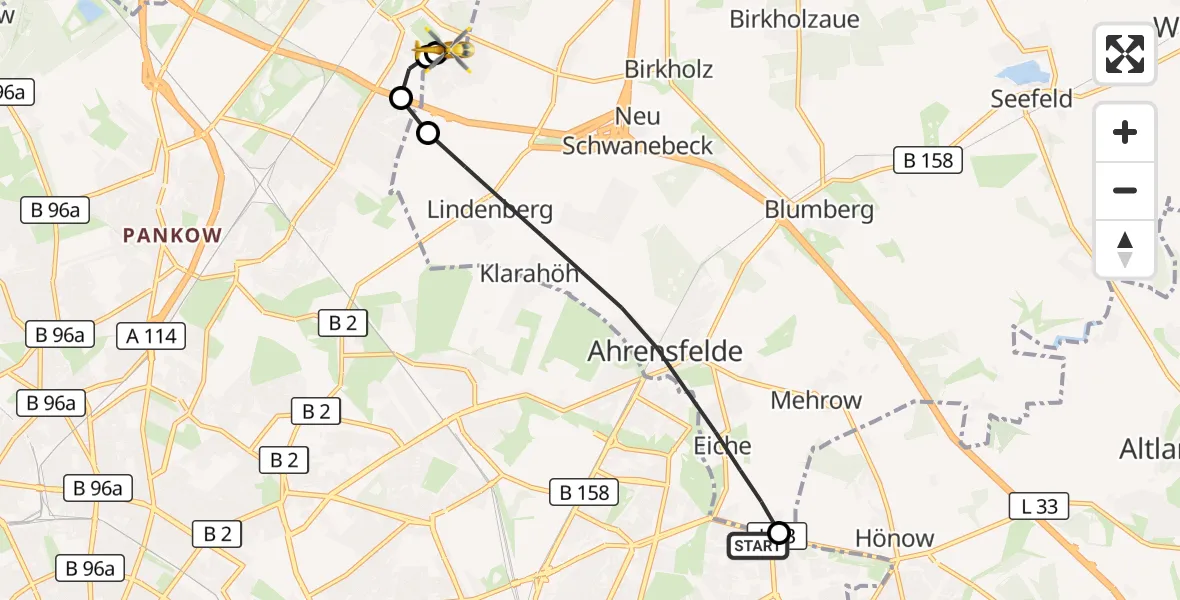 Flugroute Rettungshubschrauber Berlin - Helios Clinic Berlin-Buch, 01 Oktober 2026, 16:39