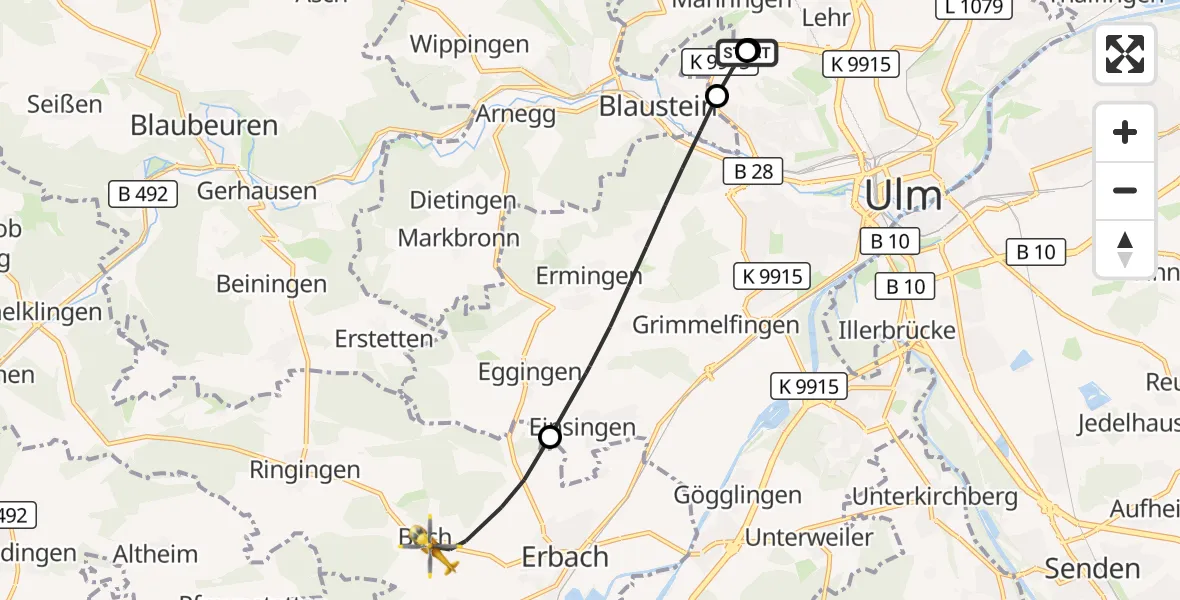 Flugroute Rettungshubschrauber Ulm Military Hospital Emergency - Erbach, 01 Oktober 2026, 16:56