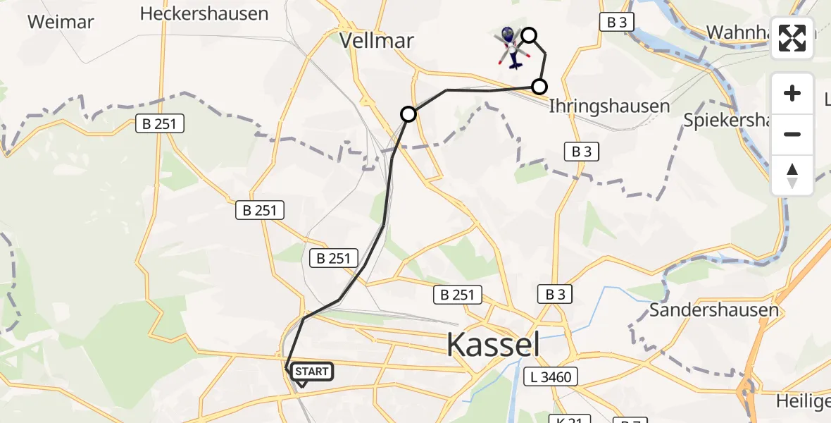 Flugroute Polizeihubschrauber Kassel - Fuldatal Bundespolizei Hubschrauberlandeplatz, 01 Oktober 2026, 16:58