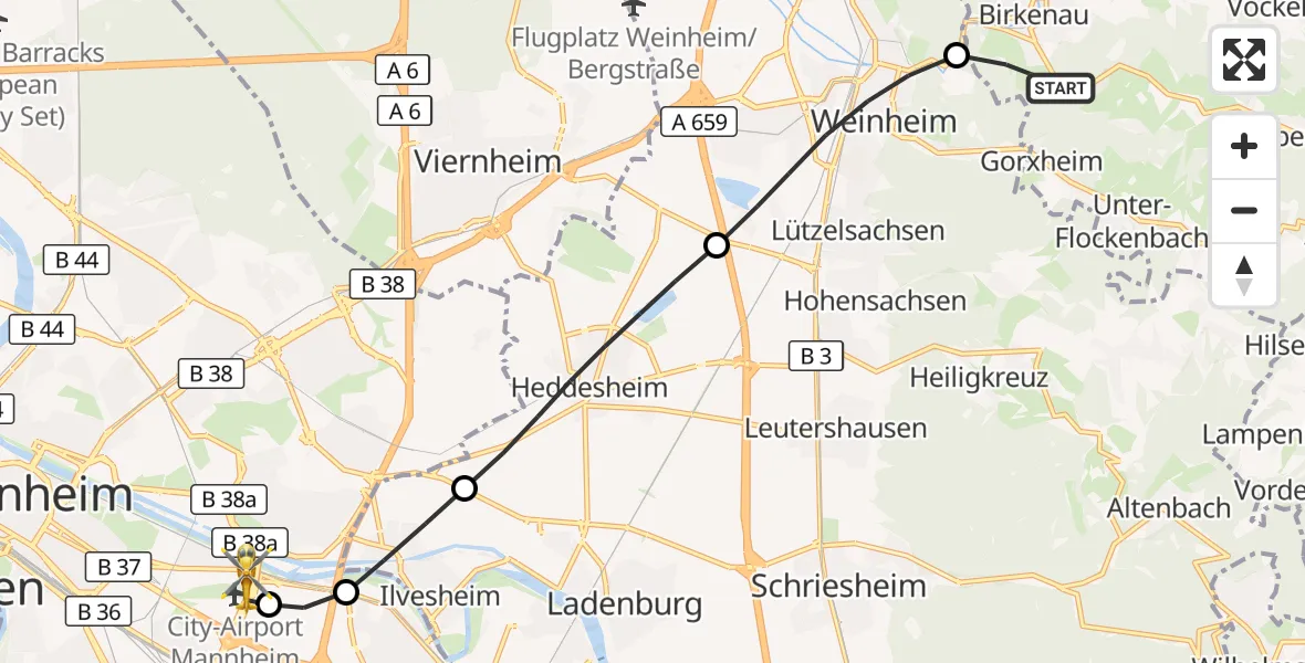 Flugroute Rettungshubschrauber Birkenau - Mannheim-City Flughafen, 01 Oktober 2026, 17:10