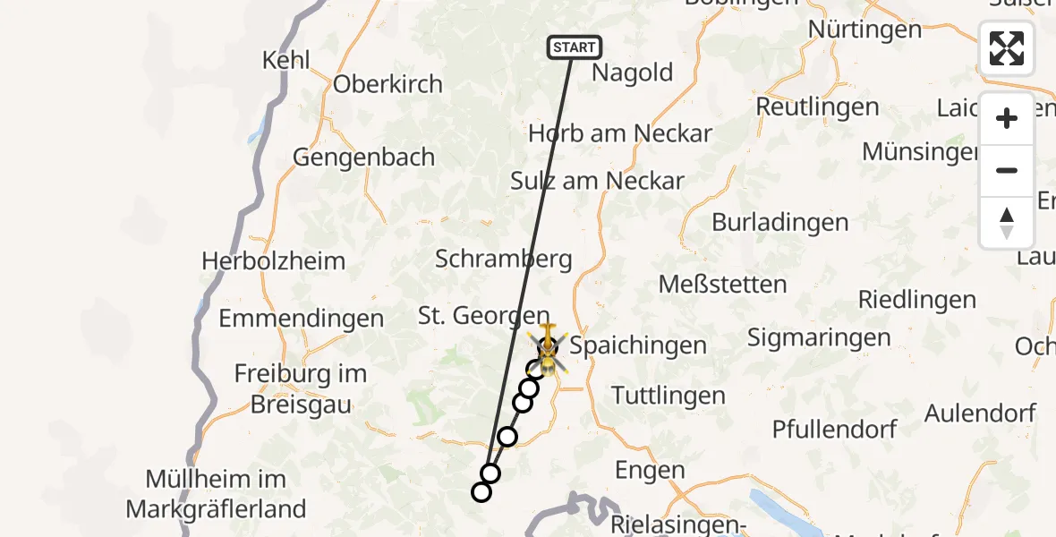 Flugroute Ambulanzhubschrauber Altensteig - DRF Air Rescue Station Villingen-Schwenningen Hubschrauberlandeplatz (Christoph 11), 01 Oktober 2026, 17:12