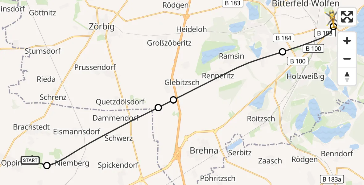 Flugroute Rettungshubschrauber Halle-Oppin Flugplatz - Bitterfield-Wolfen Health Center Hubschrauberlandeplatz, 01 Oktober 2026, 17:29