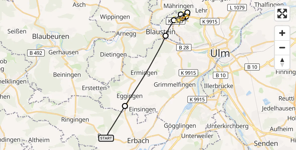 Flugroute Rettungshubschrauber Erbach - ADAC Air Rescue Station Ulm (Christoph 22), 01 Oktober 2026, 17:42