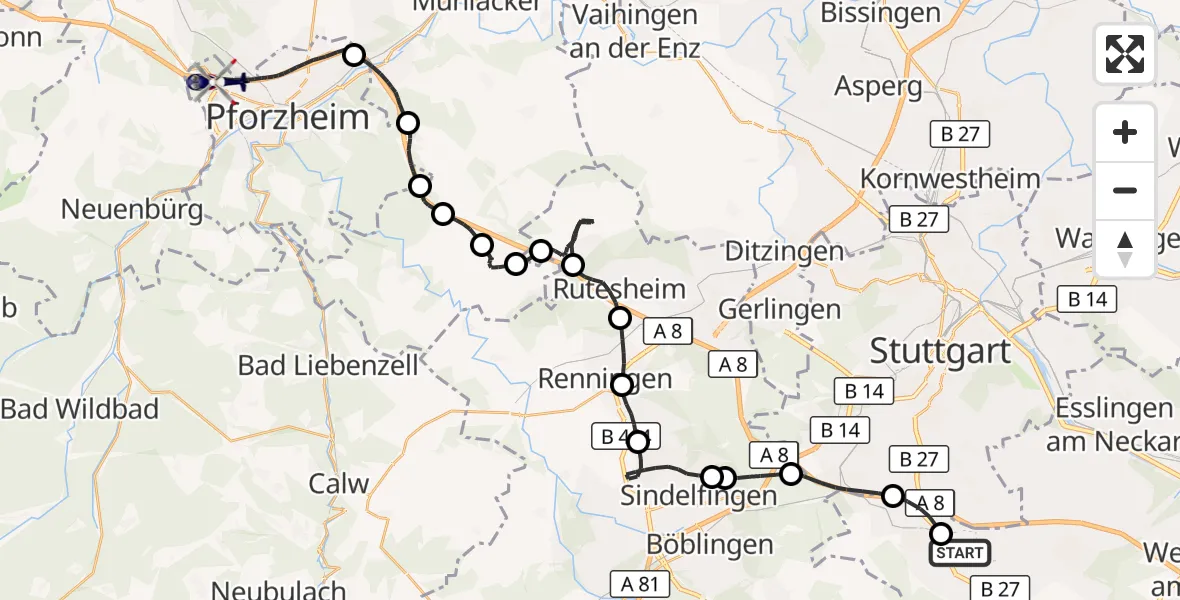Flugroute Polizeihubschrauber Flughafen Stuttgart - Pforzheim, 01 Oktober 2026, 18:11