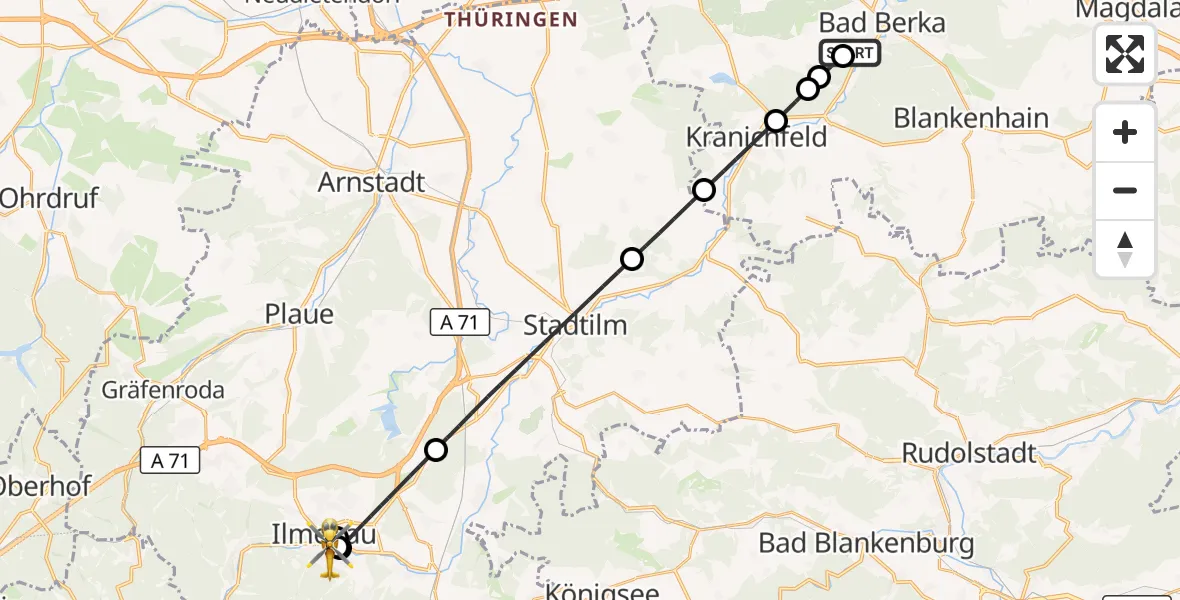 Flugroute Ambulanzhubschrauber Bad Berka Central Hospital - Ilm-Kreis-Kliniken Arnstadt-Ilmenau Hubschrauberlandeplatz, 01 Oktober 2026, 18:54