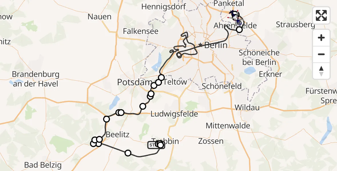 Flugroute Polizeihubschrauber Trebbin - Ahrensfelde Hubschrauberlandeplatz, 01 Oktober 2026, 18:55