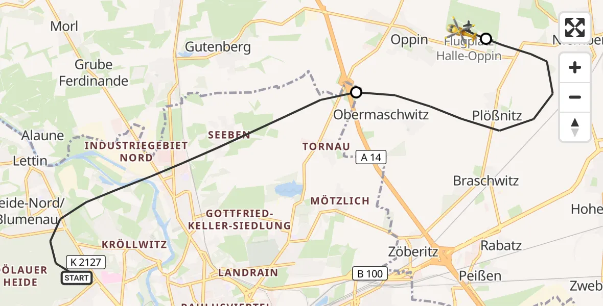 Flugroute Rettungshubschrauber Halle (Saale) - Halle-Oppin Flugplatz, 01 Oktober 2026, 19:31