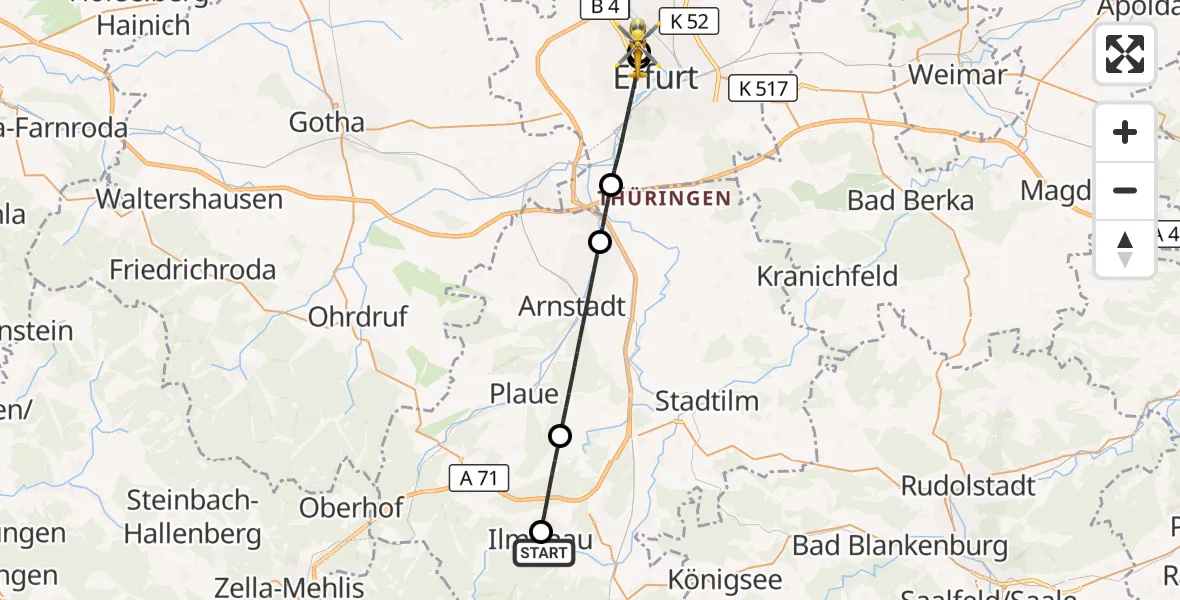 Flugroute Ambulanzhubschrauber Ilm-Kreis-Kliniken Arnstadt-Ilmenau Hubschrauberlandeplatz - Helios Clinic Erfurt, 01 Oktober 2026, 19:32