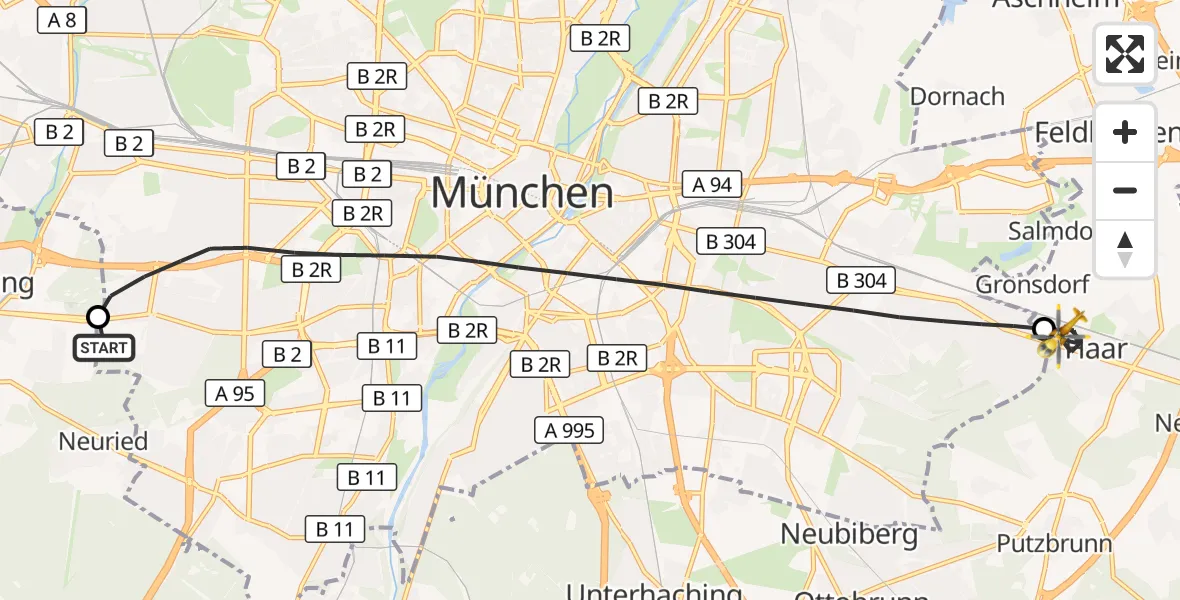 Flugroute Rettungshubschrauber DRF Air Rescue München Hubschrauberlandeplatz - Haar, 01 Oktober 2026, 19:42