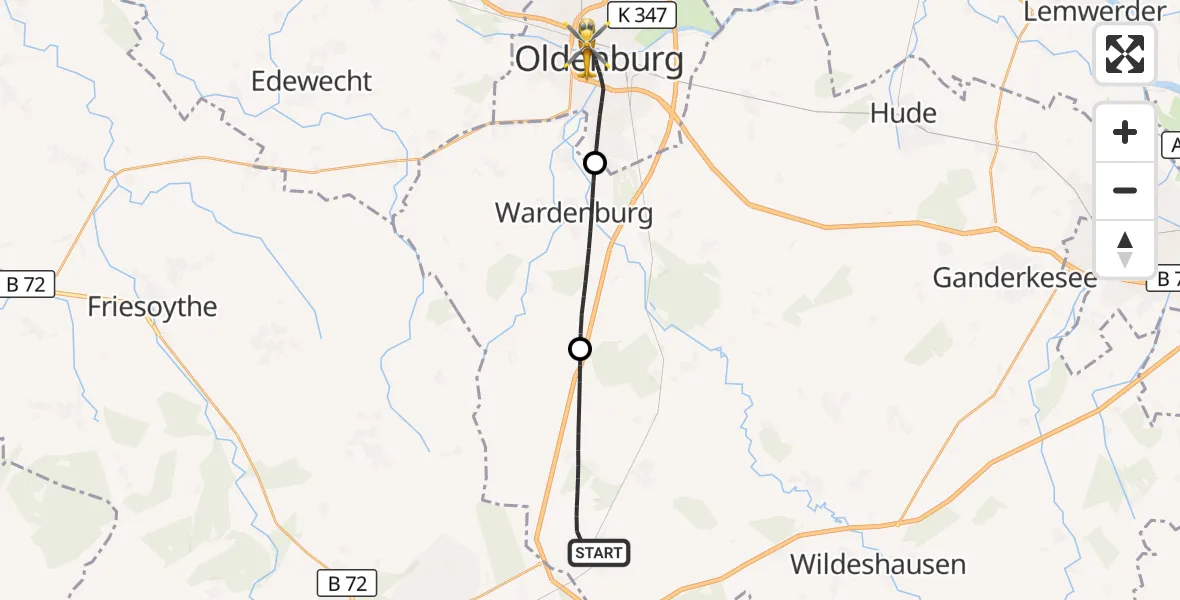 Flugroute Ambulanzhubschrauber Großenkneten - Oldenburg (Oldb), 01 Oktober 2026, 21:10