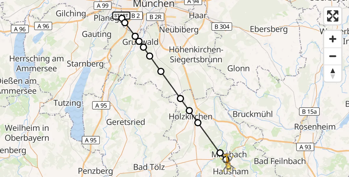 Flugroute Rettungshubschrauber DRF Air Rescue München Hubschrauberlandeplatz - Agatharied Krankenhaus Hubschrauberlandeplatz, 01 Oktober 2026, 23:14