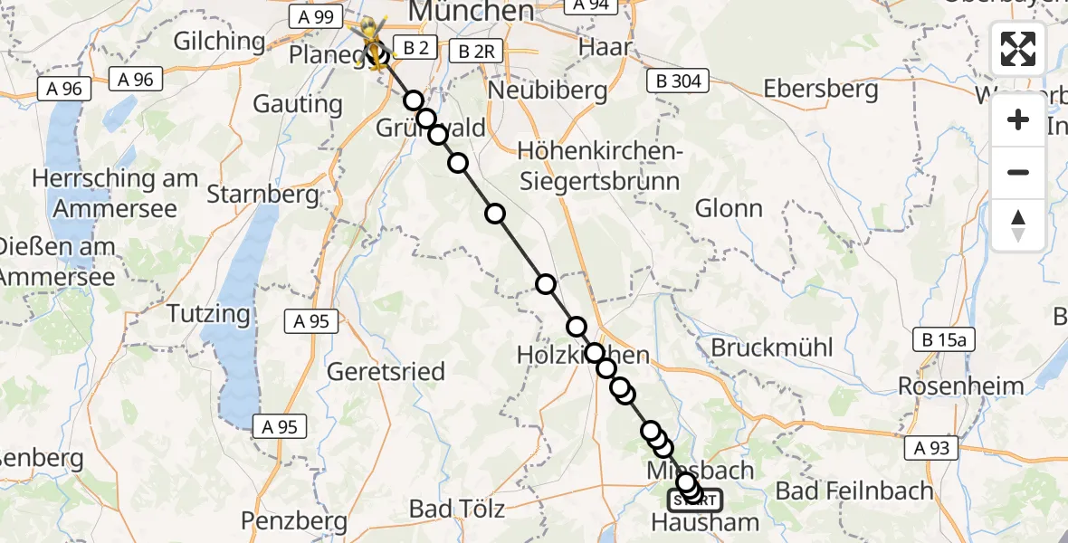Flugroute Rettungshubschrauber Agatharied Hospital - DRF Air Rescue München Hubschrauberlandeplatz, 01 Oktober 2026, 23:57