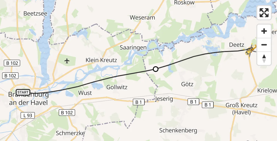 Flugroute Rettungshubschrauber Brandenburg an der Havel - Groß Kreutz (Havel), 02 Oktober 2026, 05:24