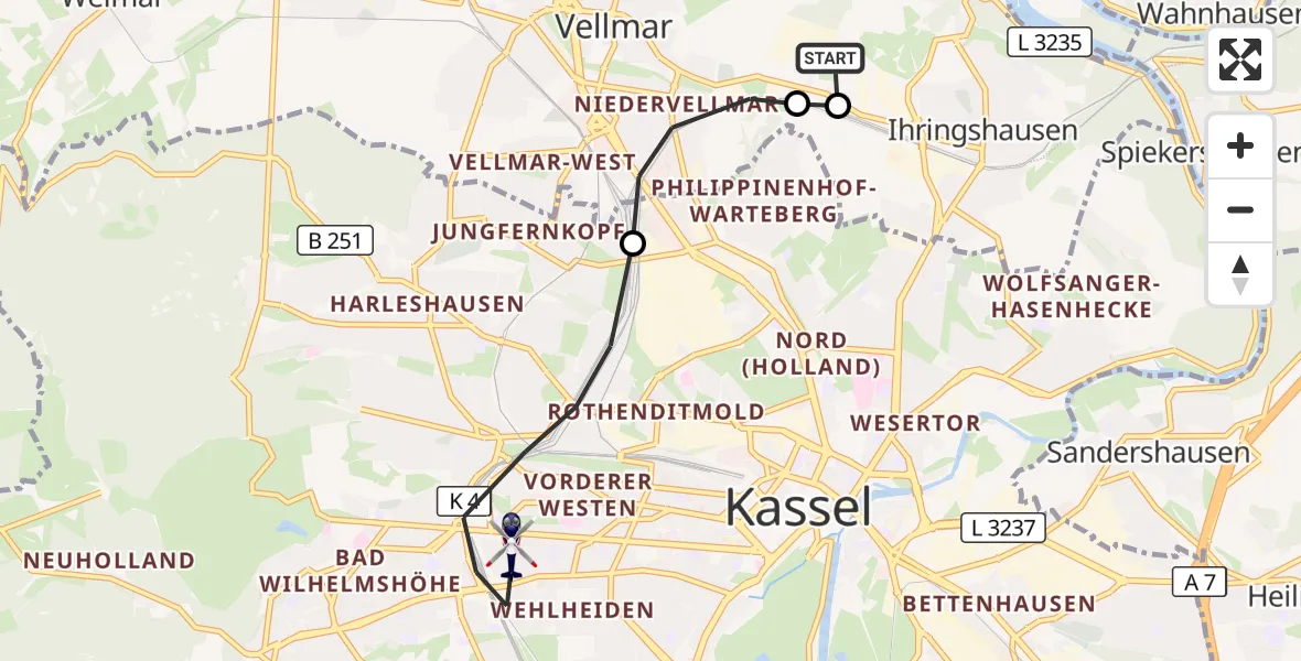 Flugroute Polizeihubschrauber Fuldatal Bundespolizei Hubschrauberlandeplatz - Kassel, 02 Oktober 2026, 05:24