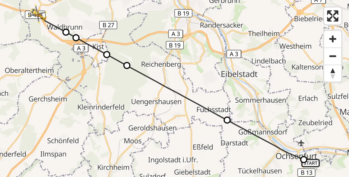 Flugroute Rettungshubschrauber Ochsenfurt Hospital - Irtenberger Wald, 02 Oktober 2026, 05:31