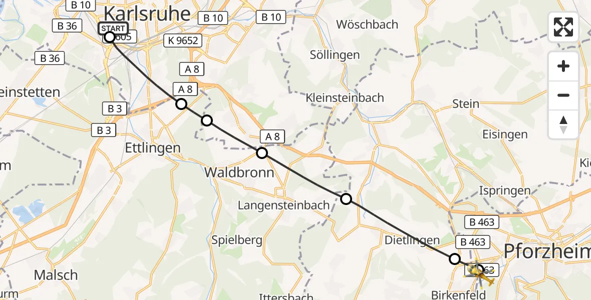 Flugroute Ambulanzhubschrauber Sankt Vincentius Hospital - Pforzheim, 02 Oktober 2026, 05:33