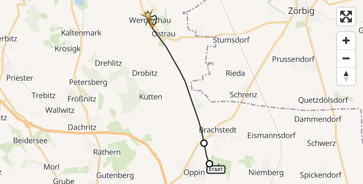 Flugroute Rettungshubschrauber Halle-Oppin Flugplatz - Petersberg, 02 Oktober 2026, 05:45