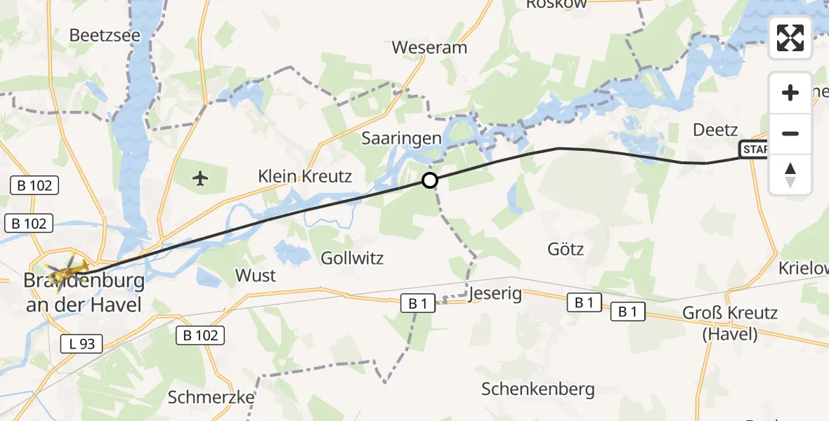 Flugroute Rettungshubschrauber Groß Kreutz (Havel) - Brandenburg an der Havel, 02 Oktober 2026, 05:48