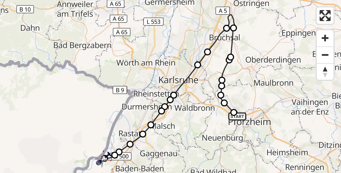 Flugroute Polizeihubschrauber Pforzheim - Karlsruhe Baden-Baden Flughafen, 02 Oktober 2026, 05:52