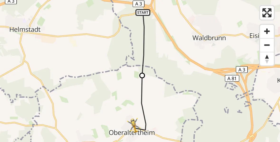 Flugroute Rettungshubschrauber Irtenberger Wald - Altertheim, 02 Oktober 2026, 05:52