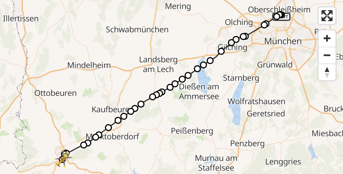 Flugroute Rettungshubschrauber Oberschleißheim - Kempten-Durach Flugplatz, 02 Oktober 2026, 05:59