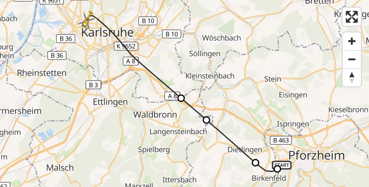 Flugroute Ambulanzhubschrauber Pforzheim - Karlsruhe, 02 Oktober 2026, 06:15