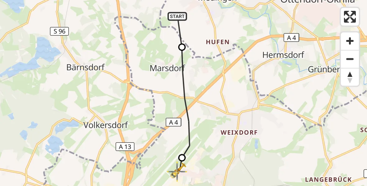 Flugroute Rettungshubschrauber Ottendorf-Okrilla - Dresden Bundespolizei Hubschrauberlandeplatz, 02 Oktober 2026, 06:47
