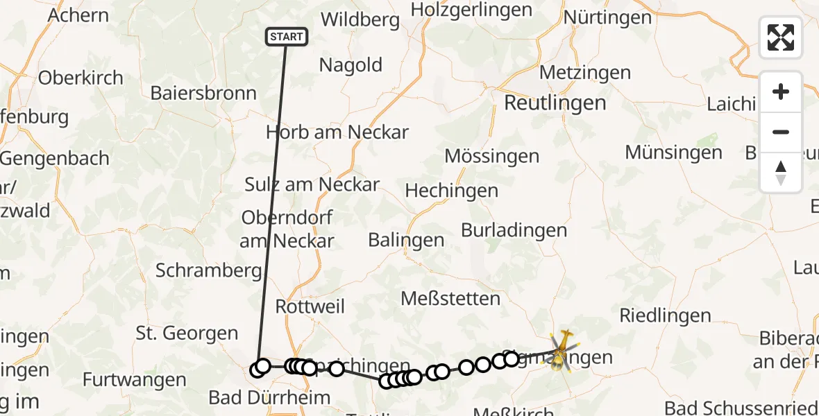 Flugroute Ambulanzhubschrauber Altensteig - Sigmaringen, 02 Oktober 2026, 06:52
