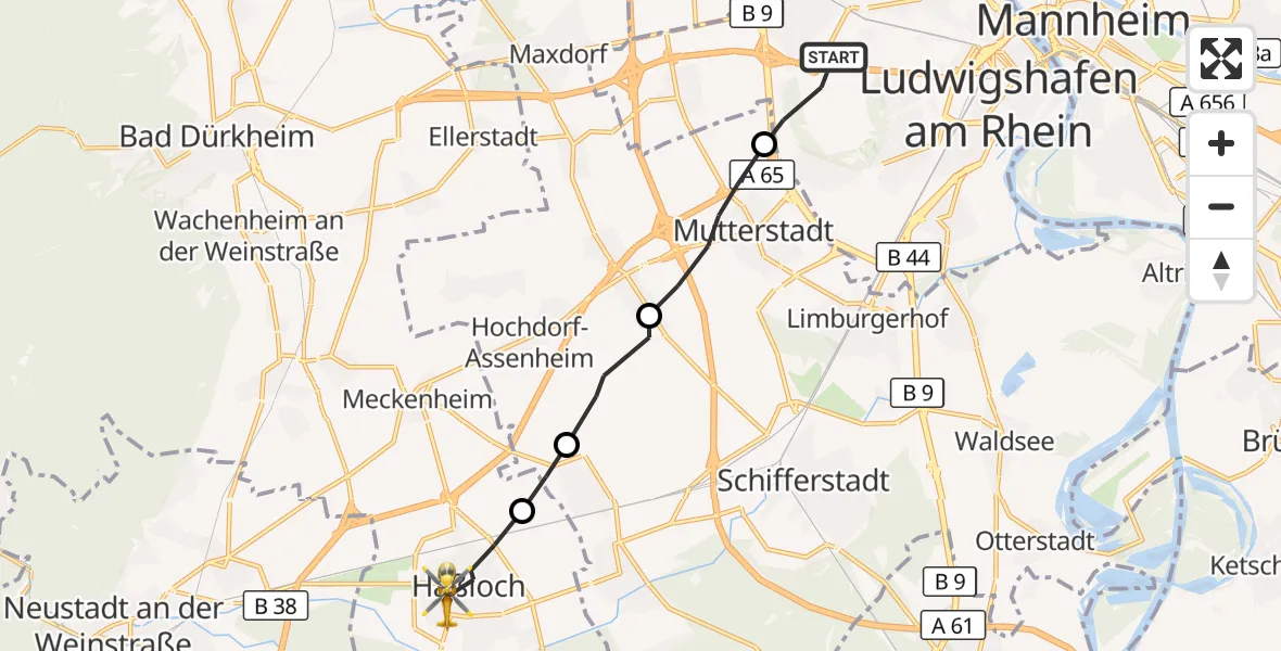 Flugroute Rettungshubschrauber Ludwigshafen am Rhein - Haßloch, 02 Oktober 2026, 07:02