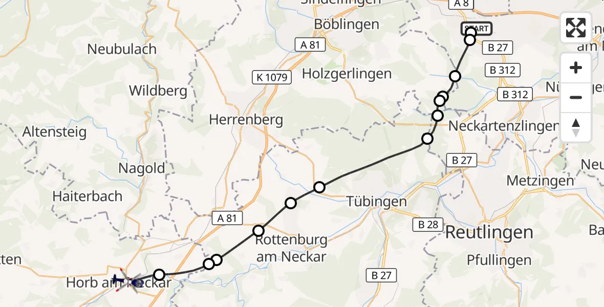 Flugroute Polizeihubschrauber Flughafen Stuttgart - Horb am Neckar, 02 Oktober 2026, 07:04