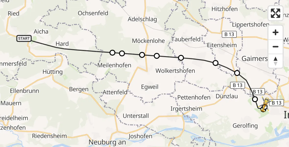 Flugroute Rettungshubschrauber Wellheim - Ingolstadt Hospital, 02 Oktober 2026, 07:07