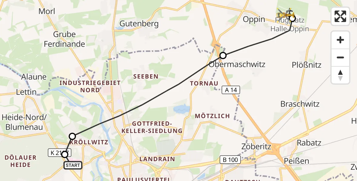 Flugroute Rettungshubschrauber Halle (Saale) University Hospital - Halle-Oppin Flugplatz, 02 Oktober 2026, 07:23