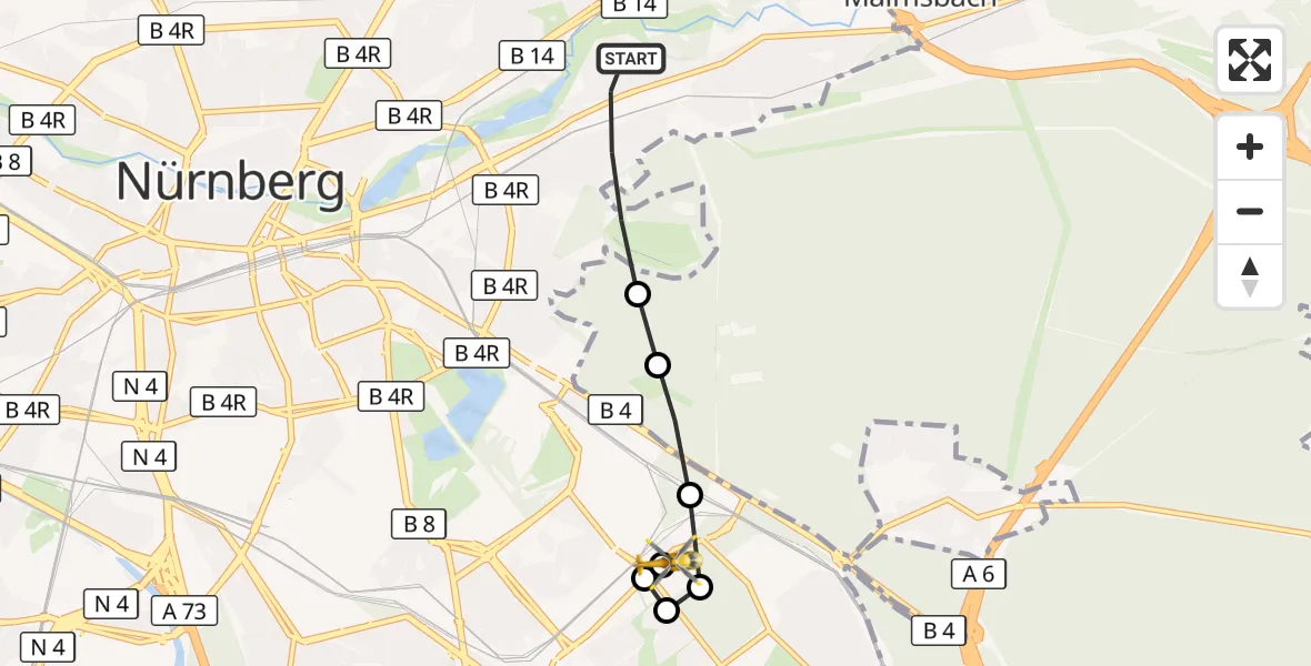 Flugroute Rettungshubschrauber Nürnberg - Nürnberg South Hospital, 02 Oktober 2026, 07:25