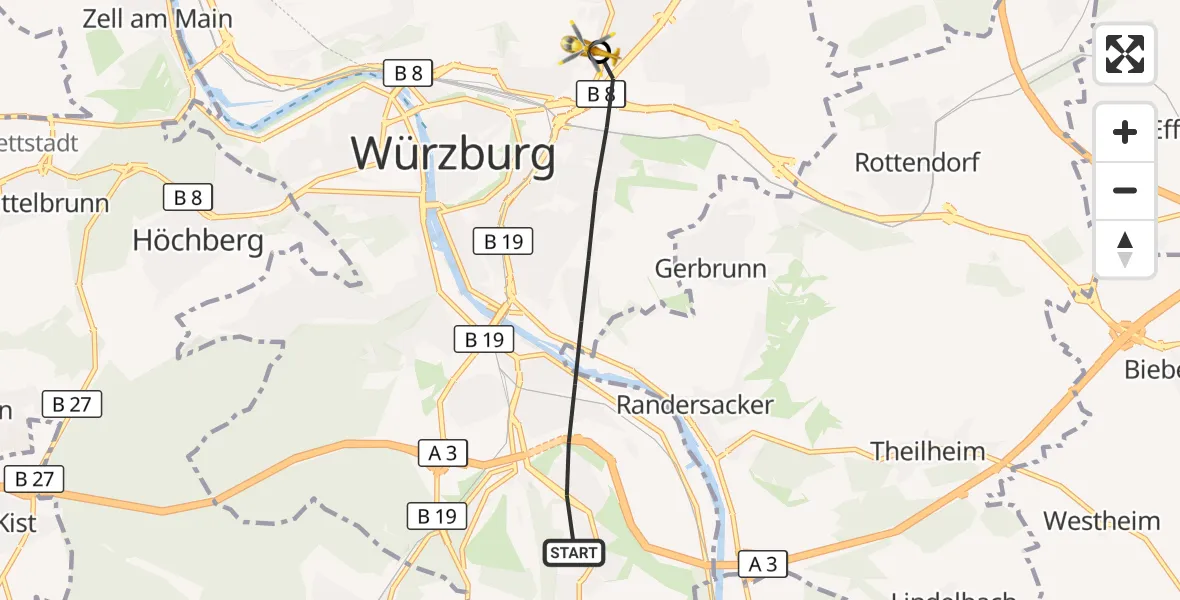 Flugroute Rettungshubschrauber Würzburg - Würzburg University Hospital Rooftop, 02 Oktober 2026, 07:35